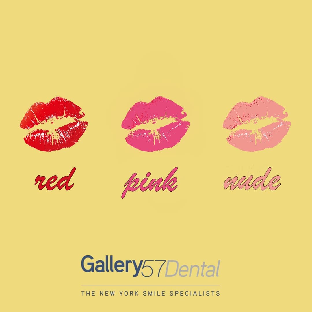 Graphic showing three lipstick shades—red, pink, and nude—demonstrating how certain lipstick colors can make teeth appear whiter – what color lipstick make teeth look whiter