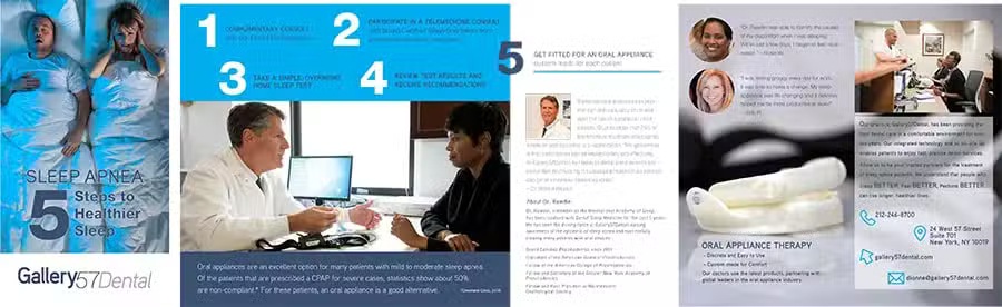 Informational brochure explaining oral appliance therapy as a natural treatment for sleep apnea with steps and patient testimonials – sleep apnea natural treatment midtown nyc
